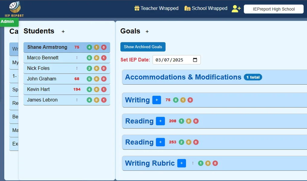 Existing progress-monitoring view with student goals and data collection tools